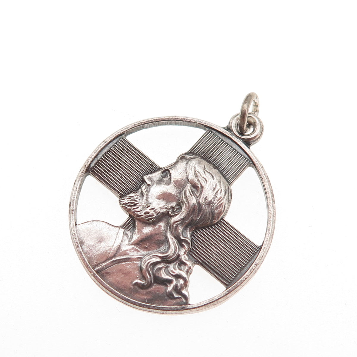 Wells 925 Sterling Silver Antique Art Deco Jesus Cross Protestant Charm Pendant
