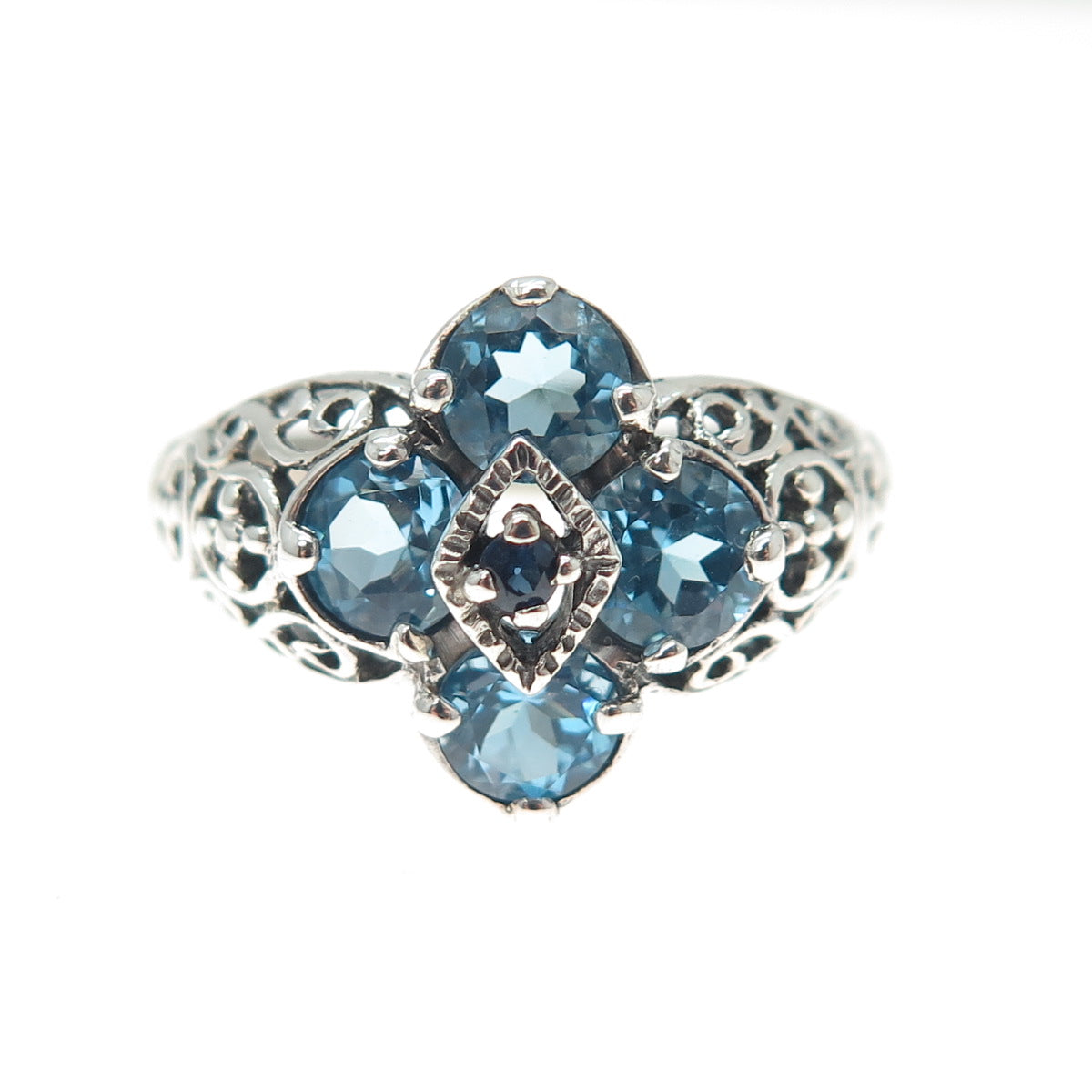 CNA PRANDA 925 Sterling Silver Vintage Real Sapphire & Topaz Flower Ring Size 10