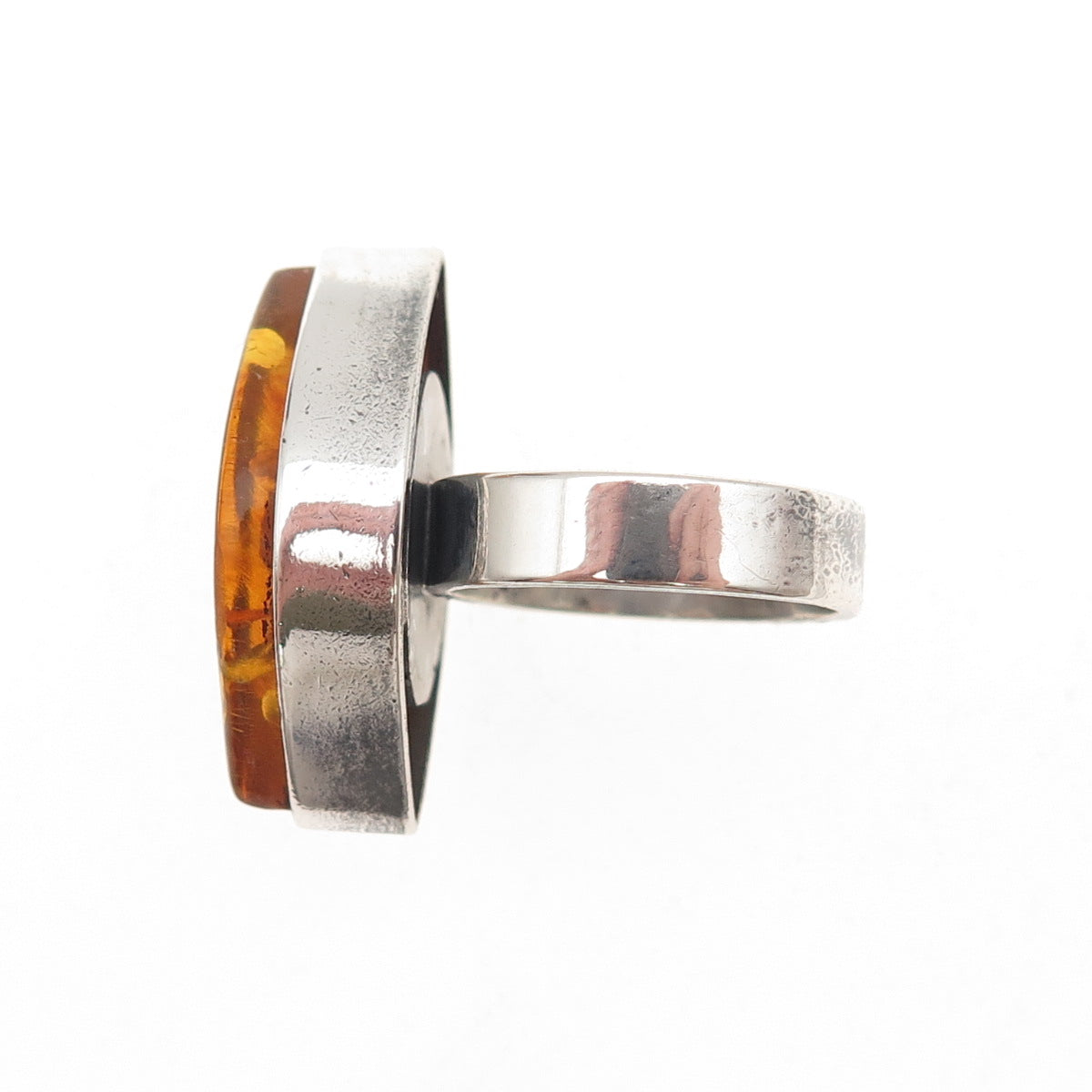 925 Sterling Silver Vintage Real Amber Modernist Oxidized Ring Size 6.75