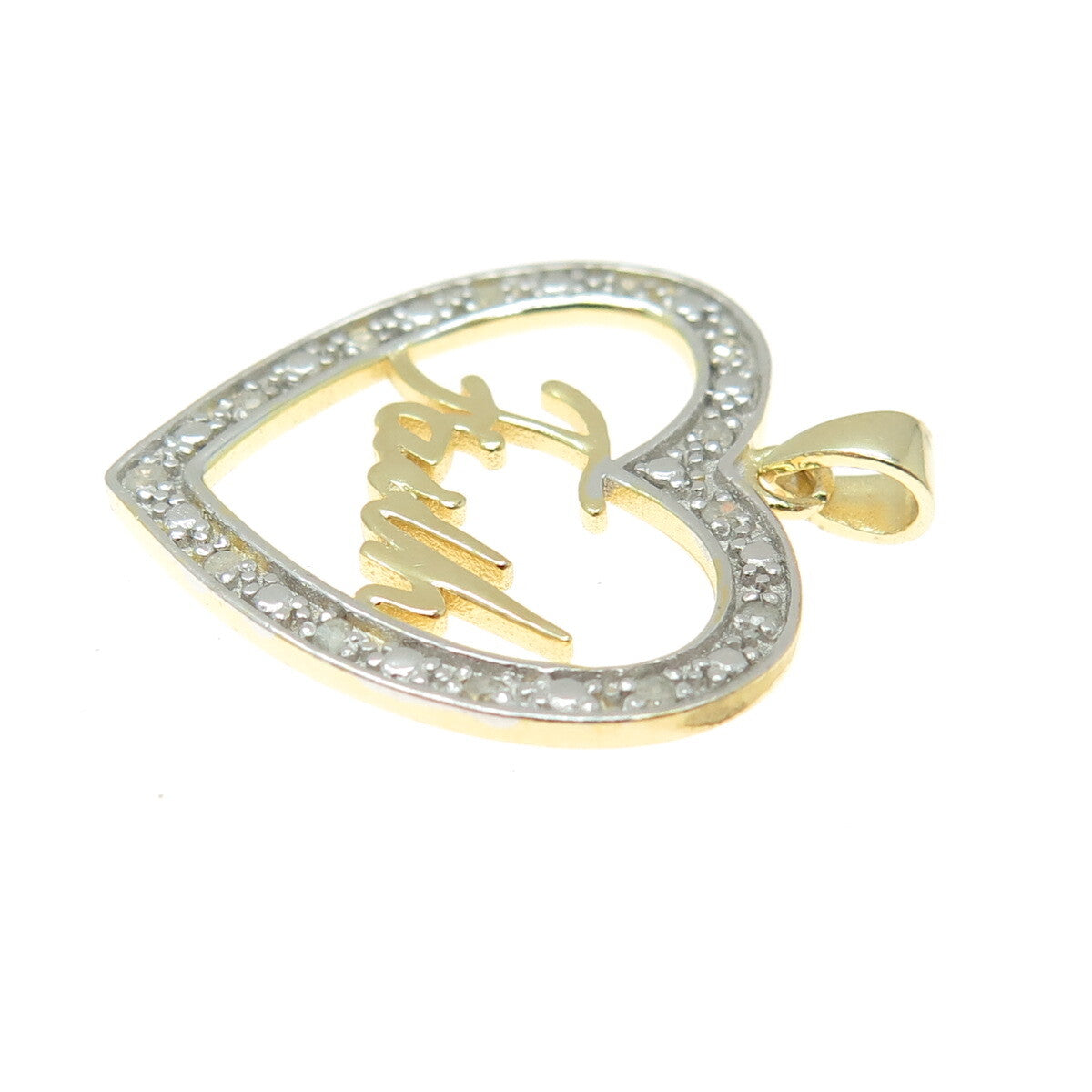 HAN 925 Sterling Silver 2-Tone Real Round-Cut Diamond "Faith" Heart Pendant