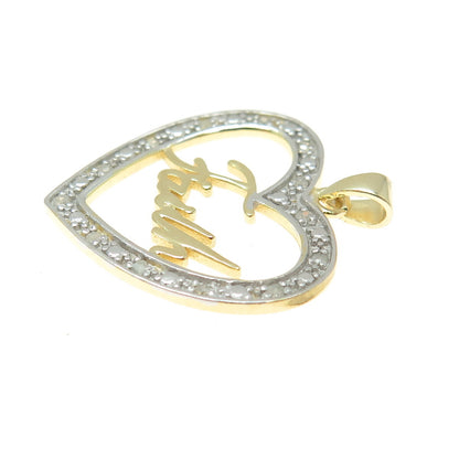 HAN 925 Sterling Silver 2-Tone Real Round-Cut Diamond "Faith" Heart Pendant