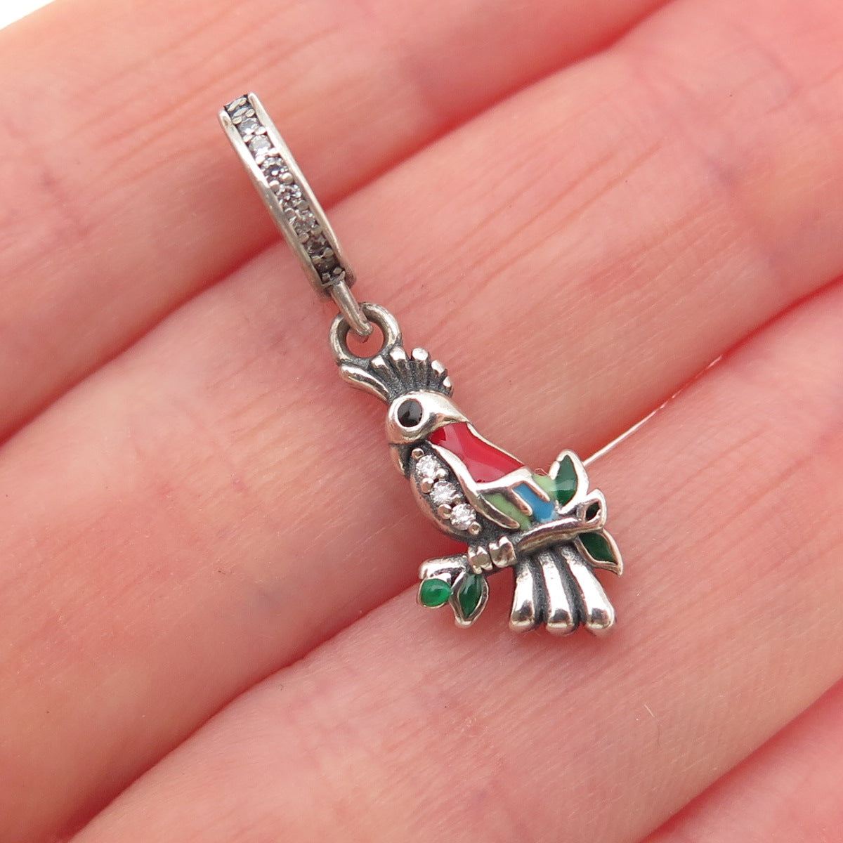 925 Sterling Silver Enamel & C Z Parrot Bird Dangle Slide Charm