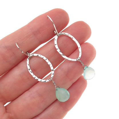 925 Sterling Silver Real Aquamarine Hammered Oval Dangle Earrings