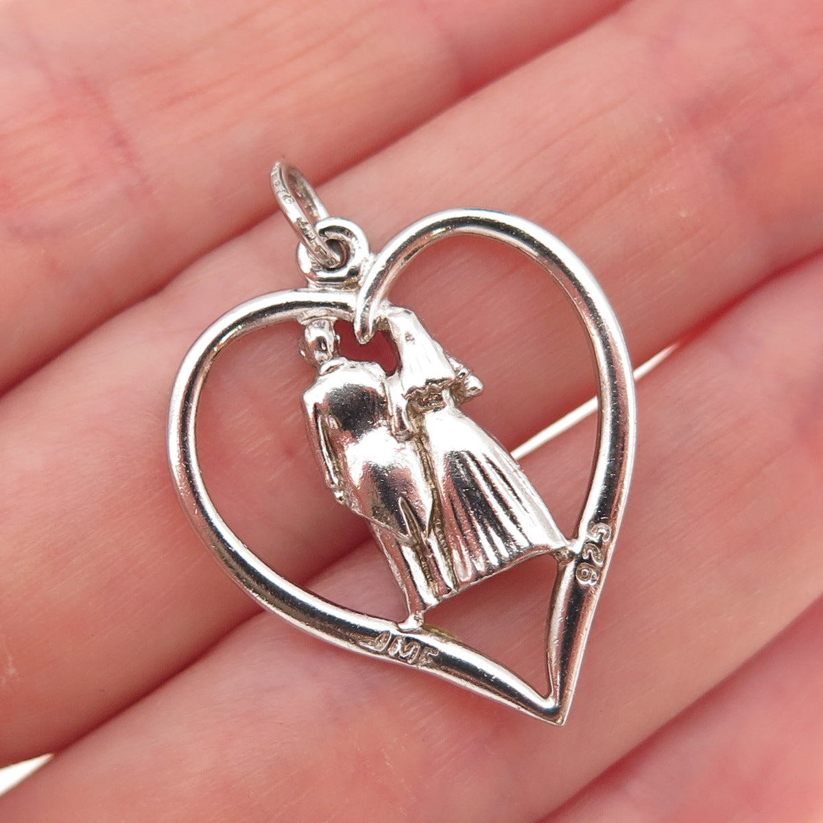 J. M. Fisher Sterling Silver Vintage Bride & Groom Wedding Couple Heart Pendant