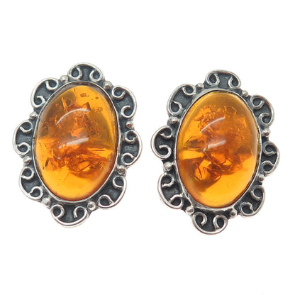 925 Sterling Silver Vintage Mexico Real Amber Flower Oxidized Clip On Earrings