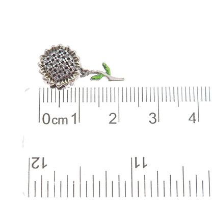 925 Sterling Silver 2-Tone Enamel & C Z Sunflower Dangle Bead Charm
