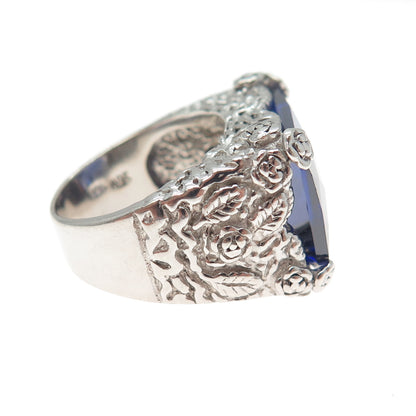 925 Sterling Silver Vintage Blue C Z Rose Flower Ring Size 7.25