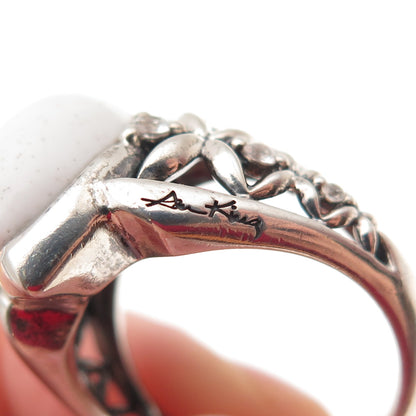 ANN KING 925 Sterling Silver Real White Agate & Topaz Floral Ring Size 9