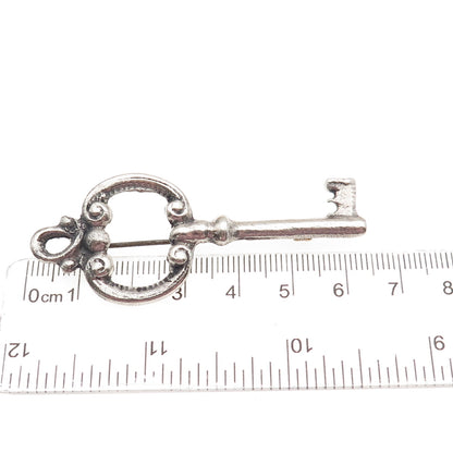 925 Sterling Silver Antique Art Deco Key Oxidized Pin Brooch
