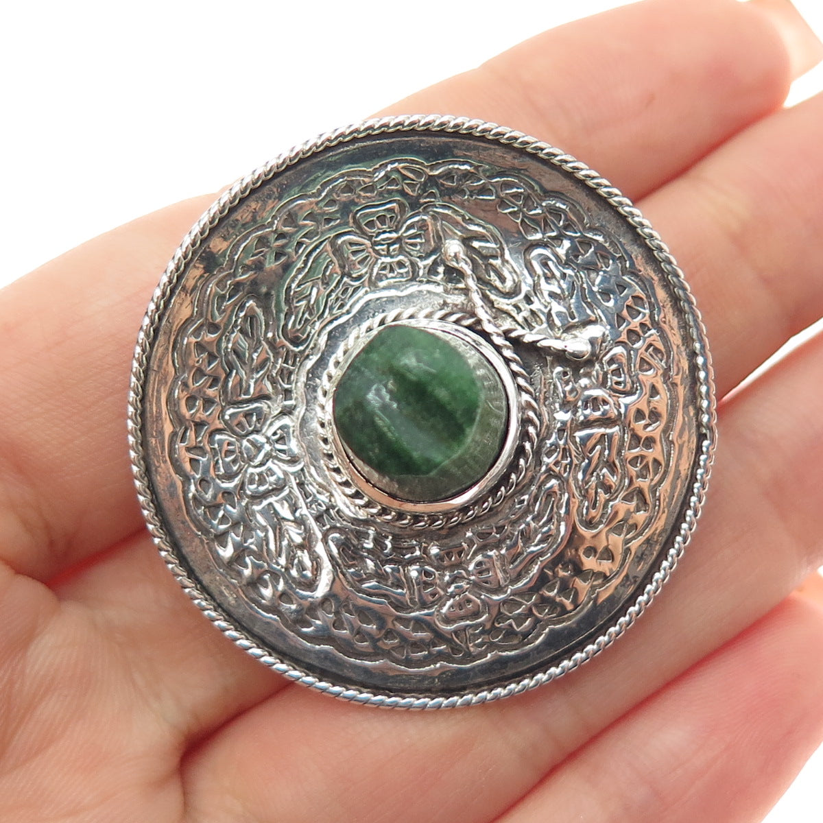 925 Sterling Silver Vintage Mexico Real Jade Sombrero Hat Oxidized Pin Brooch