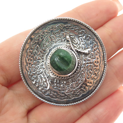 925 Sterling Silver Vintage Mexico Real Jade Sombrero Hat Oxidized Pin Brooch