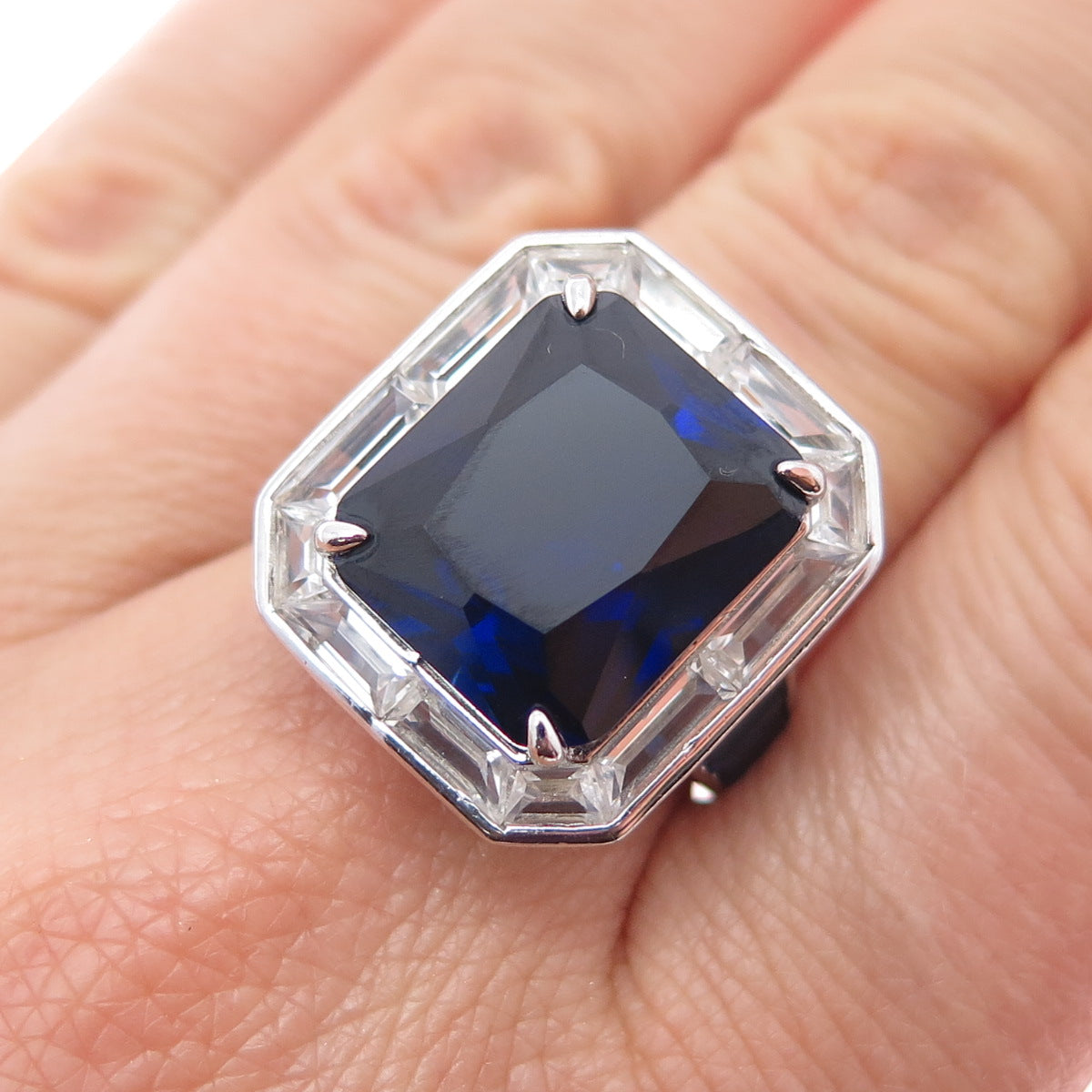 925 Sterling Silver Lab-Created Sapphire & Real White Topaz Ring Size 7