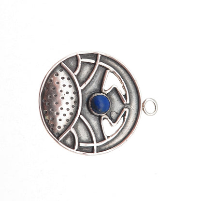 925 Sterling Silver Vintage Real Lapis Lazuli Modernist Oxidized Charm Pendant