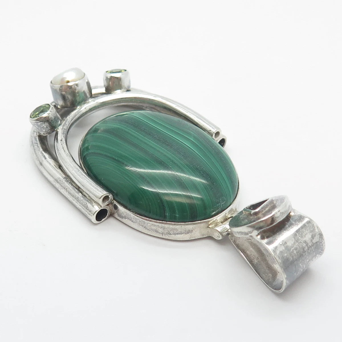 925 Sterling Silver Vintage Real Malachite Peridot Gemstone & Pearl Pendant