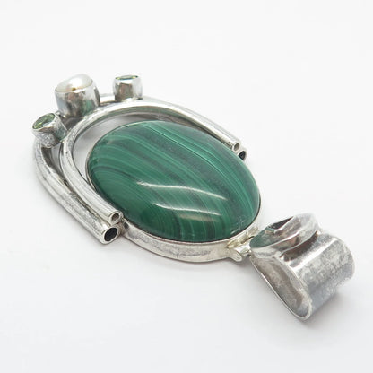 925 Sterling Silver Vintage Real Malachite Peridot Gemstone & Pearl Pendant