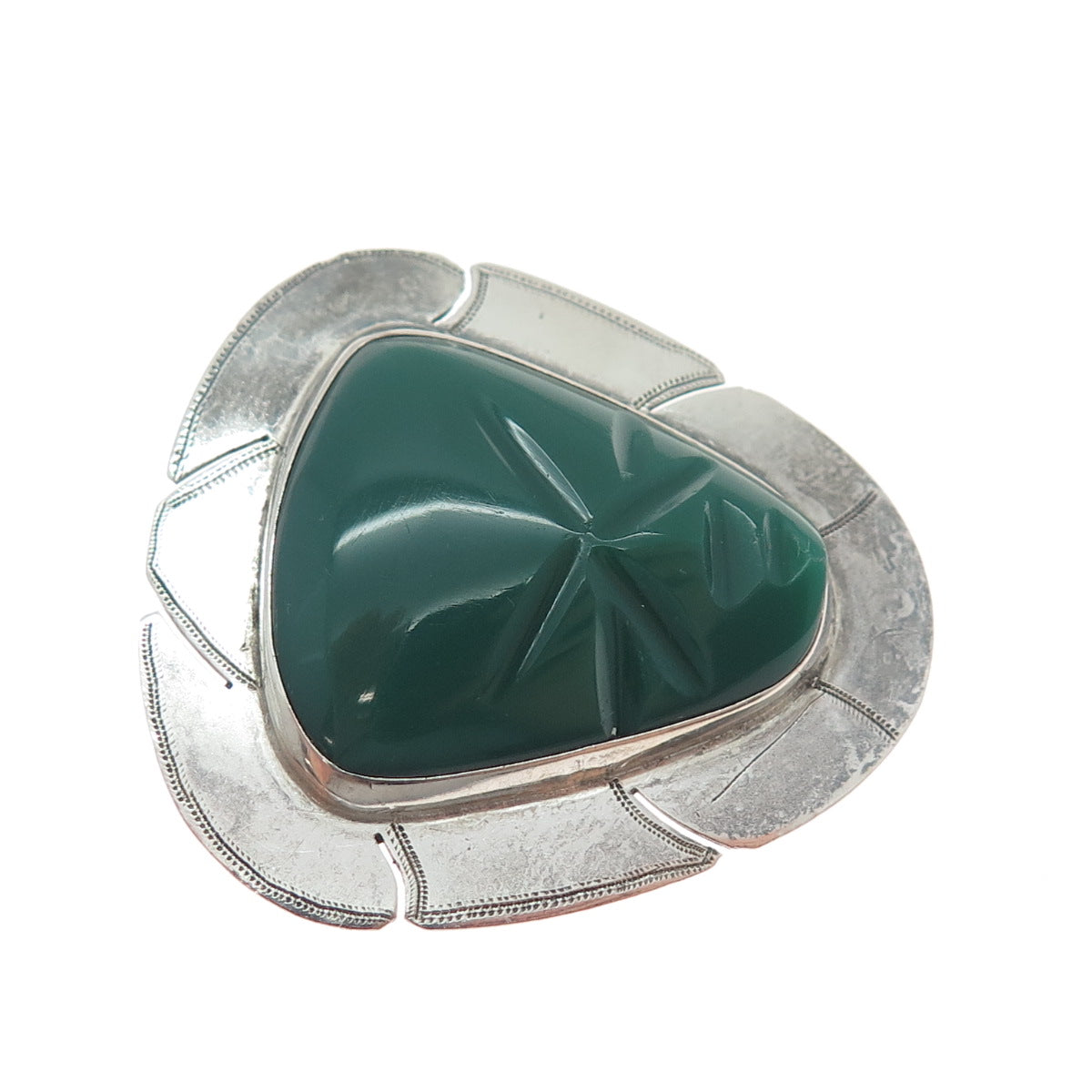 925 Sterling Silver Vintage Mexico Real Green Onyx Aztec God Pin Brooch Pendant