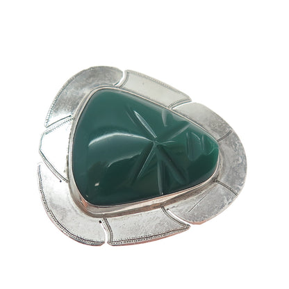 925 Sterling Silver Vintage Mexico Real Green Onyx Aztec God Pin Brooch Pendant