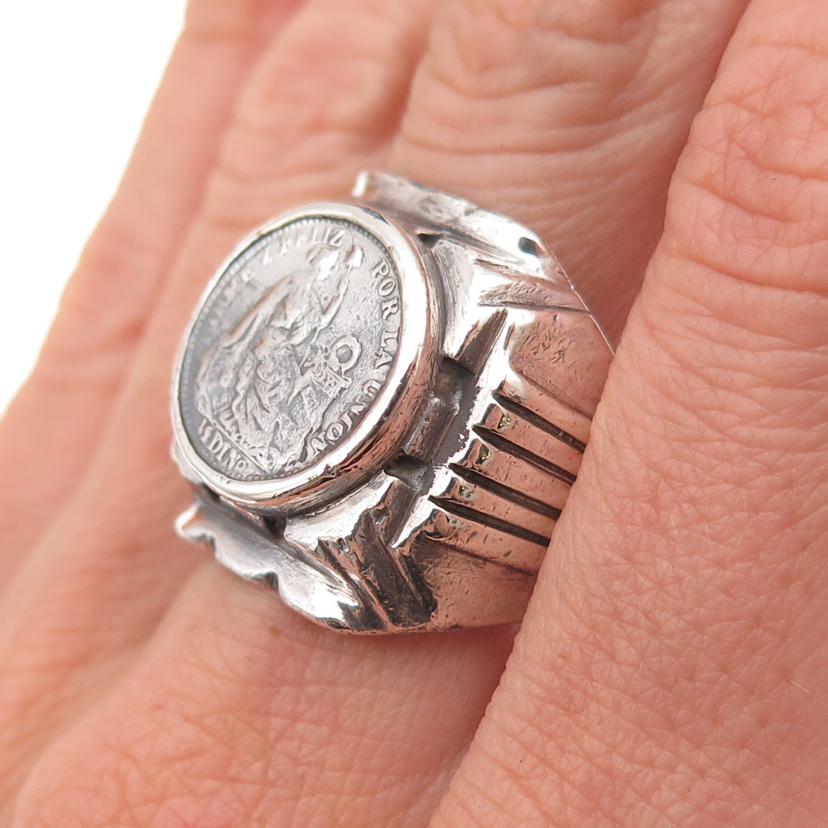 925 Sterling & 900 Silver Antique 1890-1917 Peru 1/2 Dinero Coin Ring Size 9.25