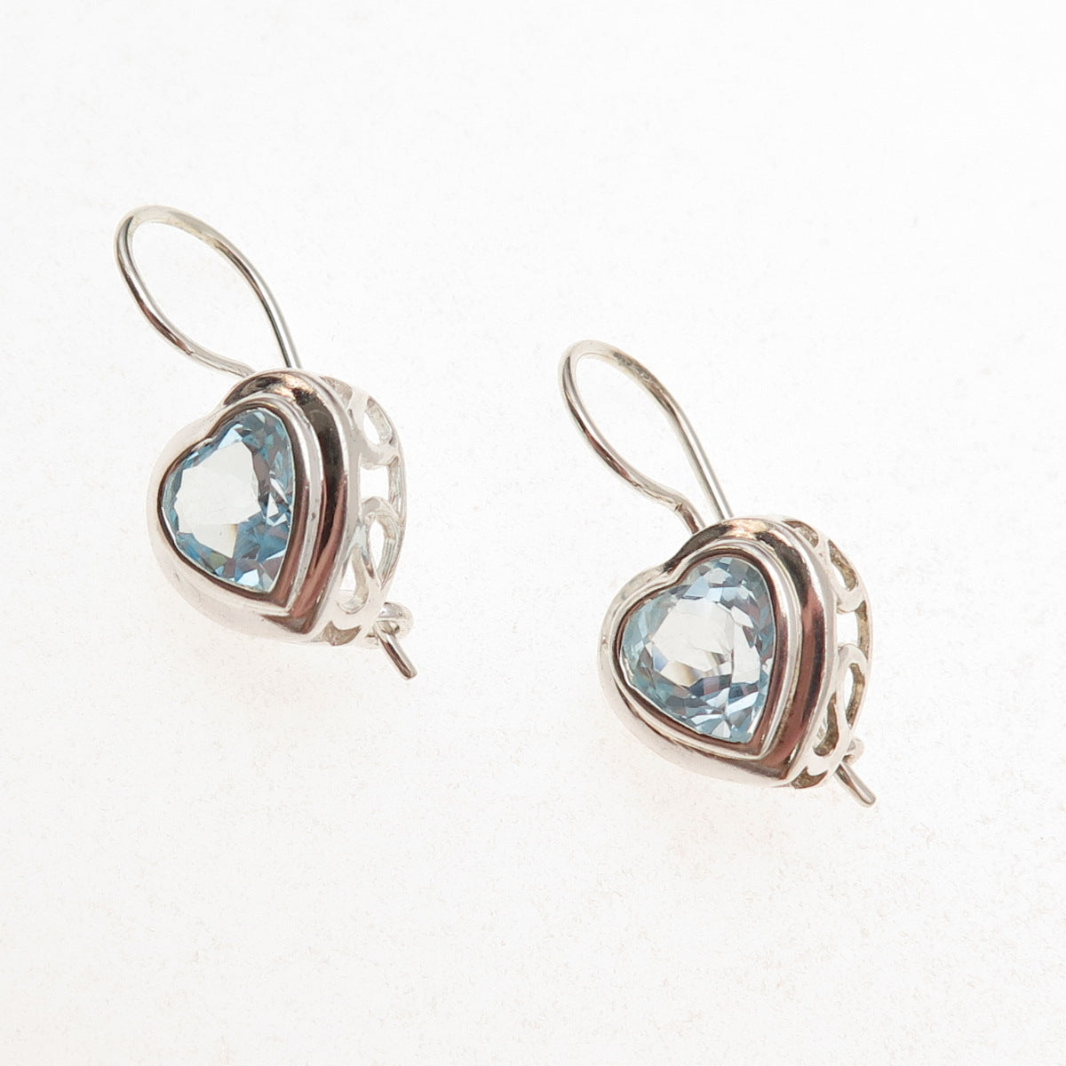 925 Sterling Silver Vintage Real Blue Topaz Heart Earrings
