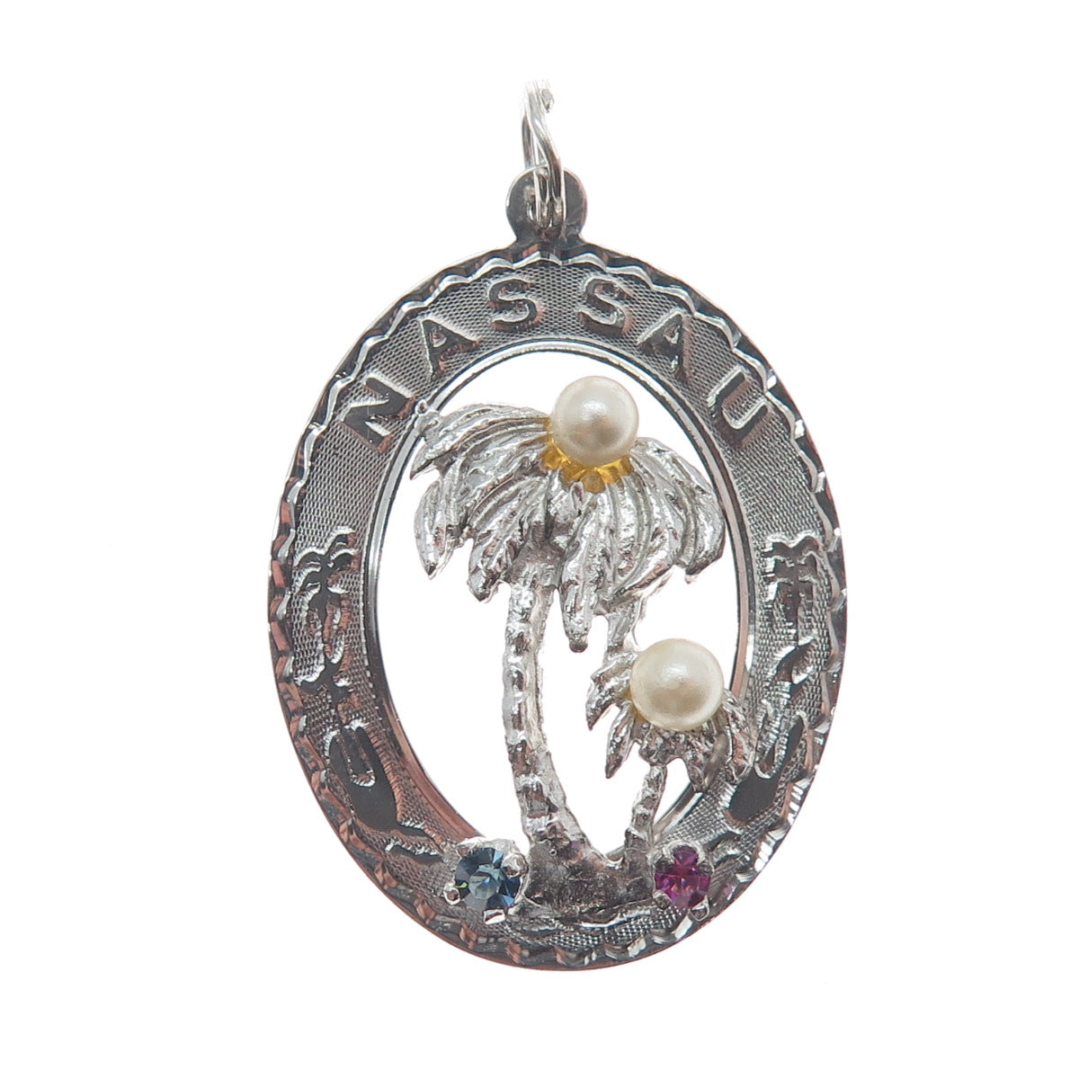 CREA 925 Sterling Silver Vintage Real Pearl Rhinestone Nassau Palm Tree Pendant