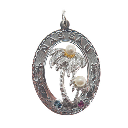 CREA 925 Sterling Silver Vintage Real Pearl Rhinestone Nassau Palm Tree Pendant