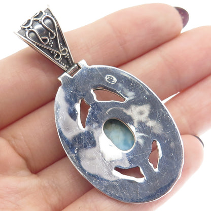 925 Sterling Silver Vintage Real Larimar Gemstone Boho Ornate Pendant