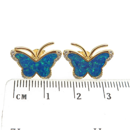 925 Sterling Silver Gold Plated Real Opal Gem Inlay C Z Butterfly Stud Earrings