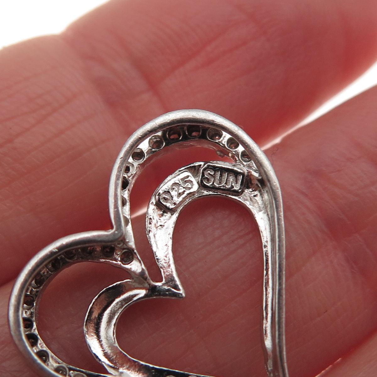 SUN 925 Sterling Silver Real Round-Cut Diamond Heart Mini Slide Charm Pendant