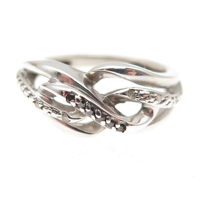 925 Sterling Silver Real Round-Cut Black & White Diamond Twisted Ring Size 7