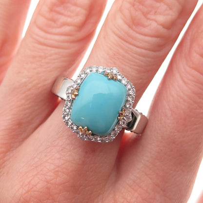925 Sterling Silver 2-Tone Real Turquoise White Topaz & Iolite Ring Size 8.25