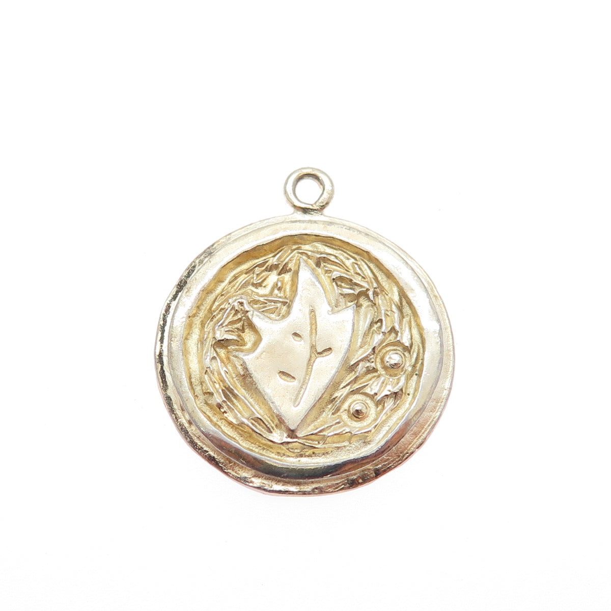 925 Sterling Silver Gold Plated Vintage Floral Leaf Seal Stamp Charm Pendant