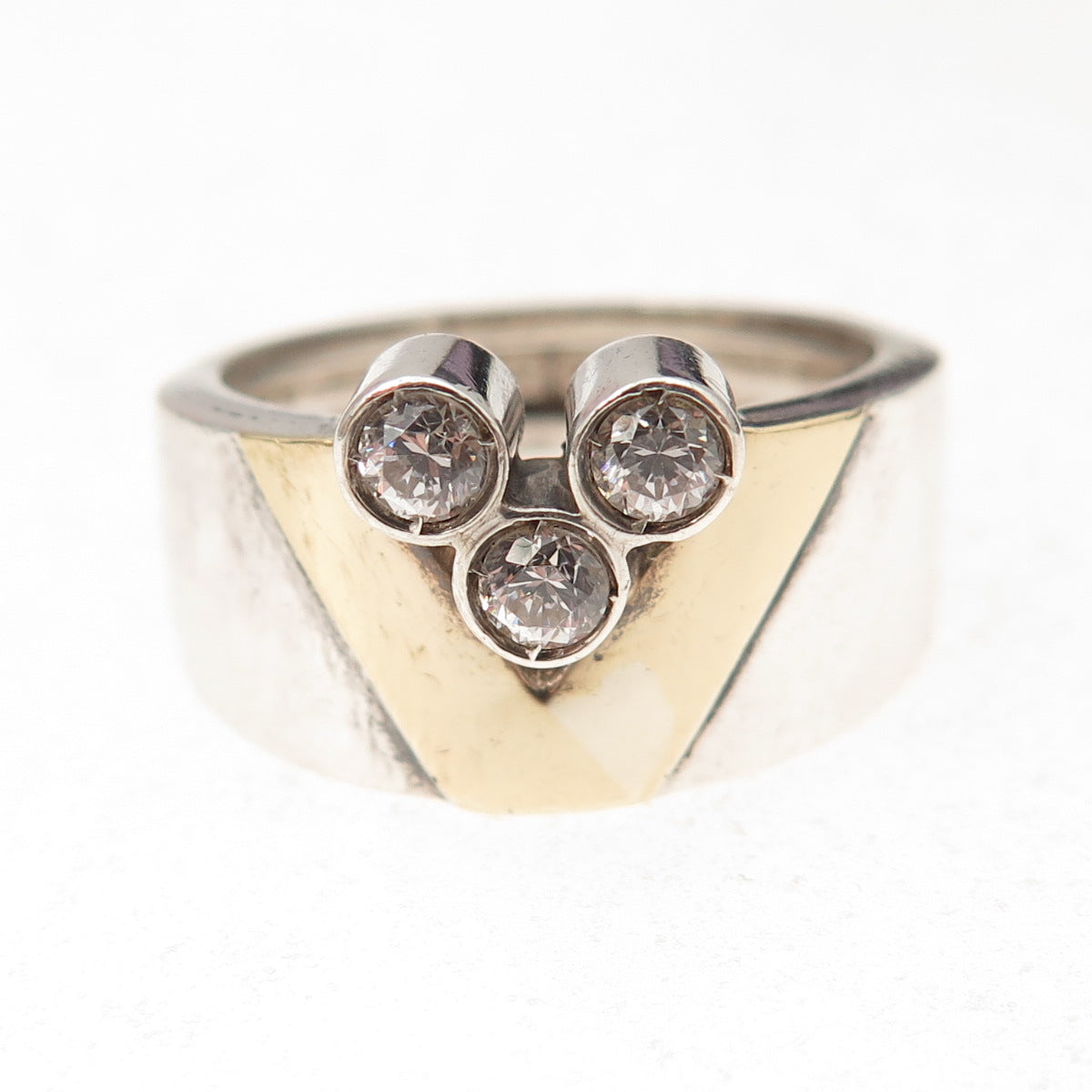 925 Sterling Silver 14K Gold Vintage Round-Cut C Z Modernist Ring Size 7.75