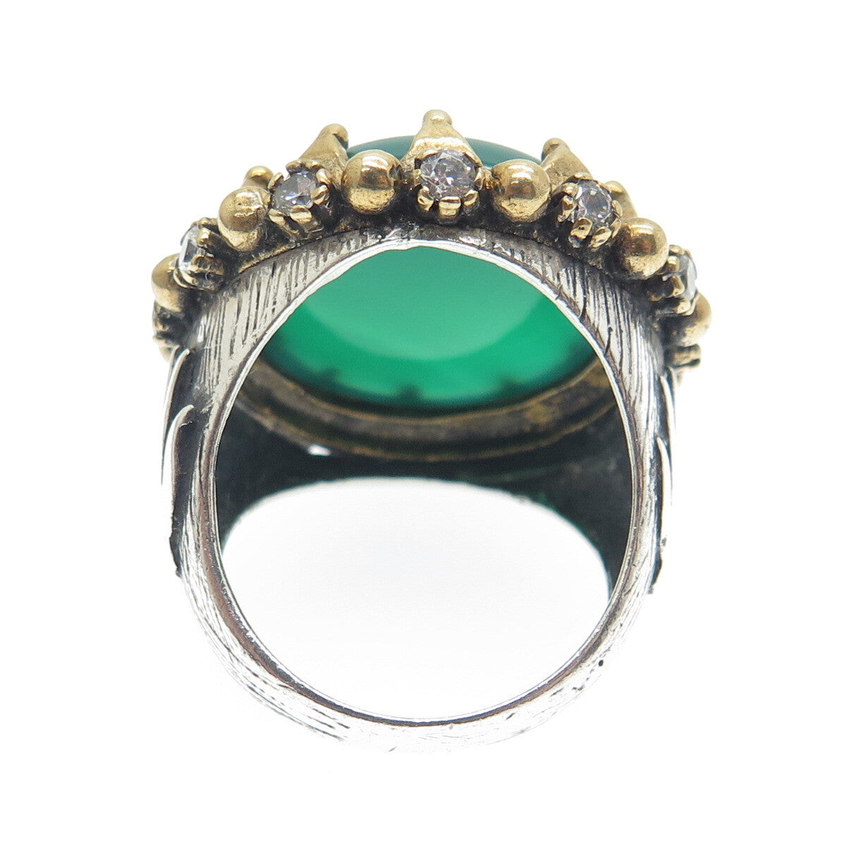 925 Sterling Silver 2-Tone Vintage Real Green Onyx & C Z Tulip Ring Size 8