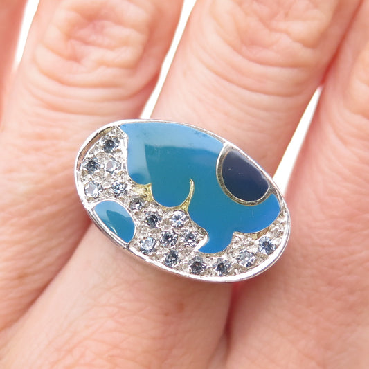 925 Sterling Silver Enamel Real Blue Topaz Modernist Ring Size 7
