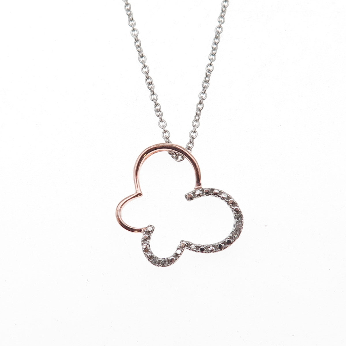 Heng Ngai 925 Sterling Silver 2-Tone Real Diamond Butterfly Chain Necklace 18"