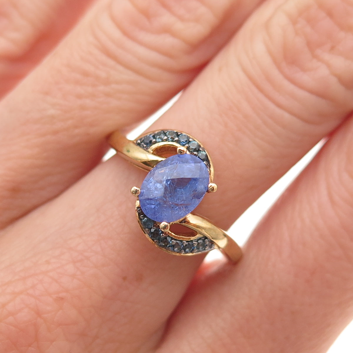 925 Sterling Gold Plated Real Tanzanite Lab-Created Peacock Sapphire Ring Size 8