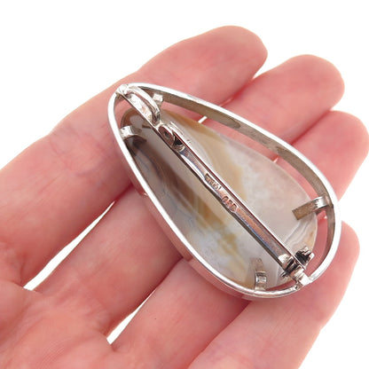 930 Silver Vintage Israel Real Agate Modernist Oxidized Pin Brooch / Pendant