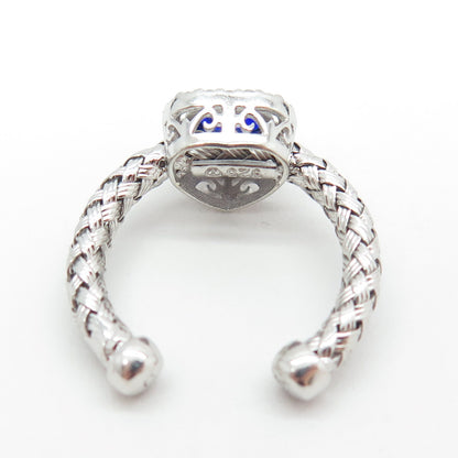 925 Sterling Silver Diamond Glass Evil Eye Heart Woven Adjustable Ring Size 5.5
