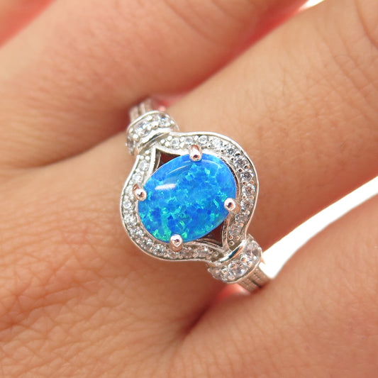 925 Sterling Silver Real Oval-Cut Opal & Round-Cut C Z Ring Size 9.5
