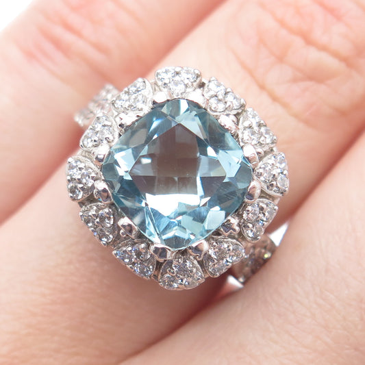 925 Sterling Silver Real Cushion-Cut Blue Topaz Gem & C Z Ring Size 6.75