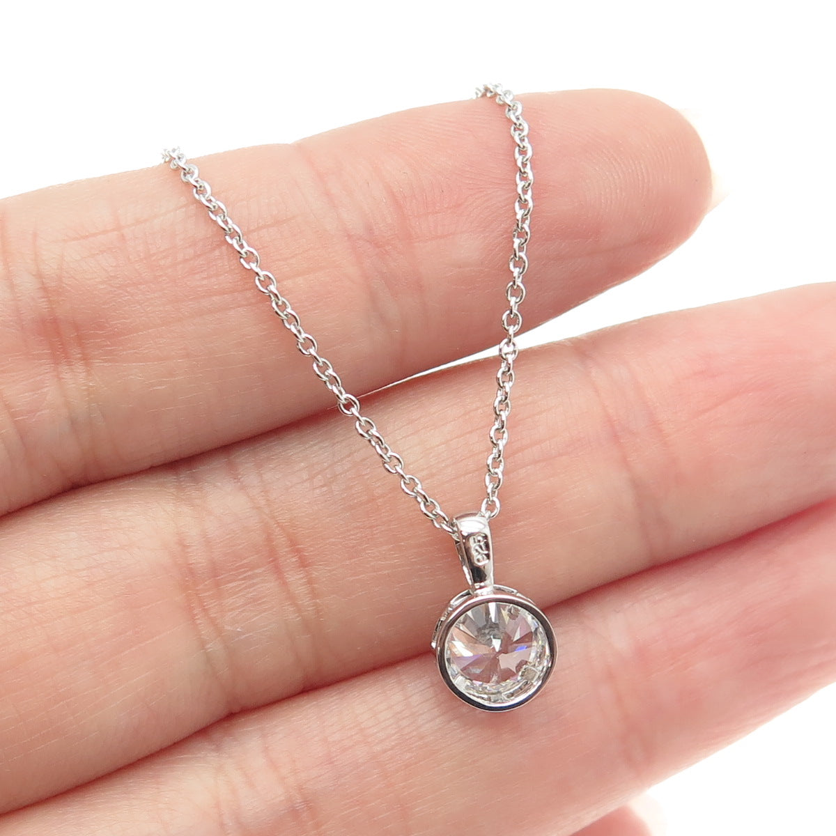 925 Sterling Silver Round-Cut Shaped C Z Pendant Rolo Chain Necklace 18"