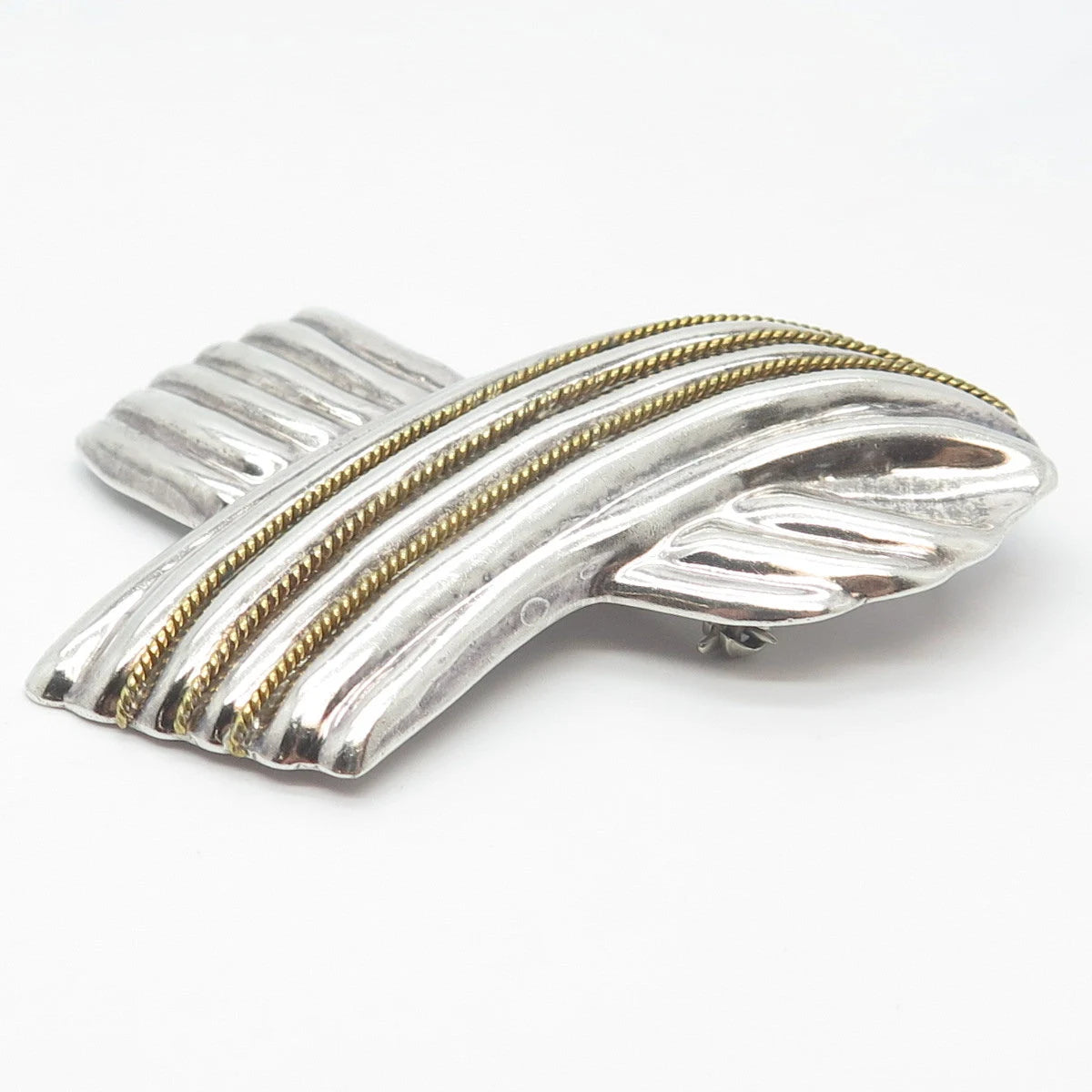 925 Sterling Silver 2-Tone Vintage Mexico Laton Ribbon Pin Brooch / Pendant