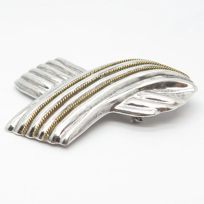 925 Sterling Silver 2-Tone Vintage Mexico Laton Ribbon Pin Brooch / Pendant