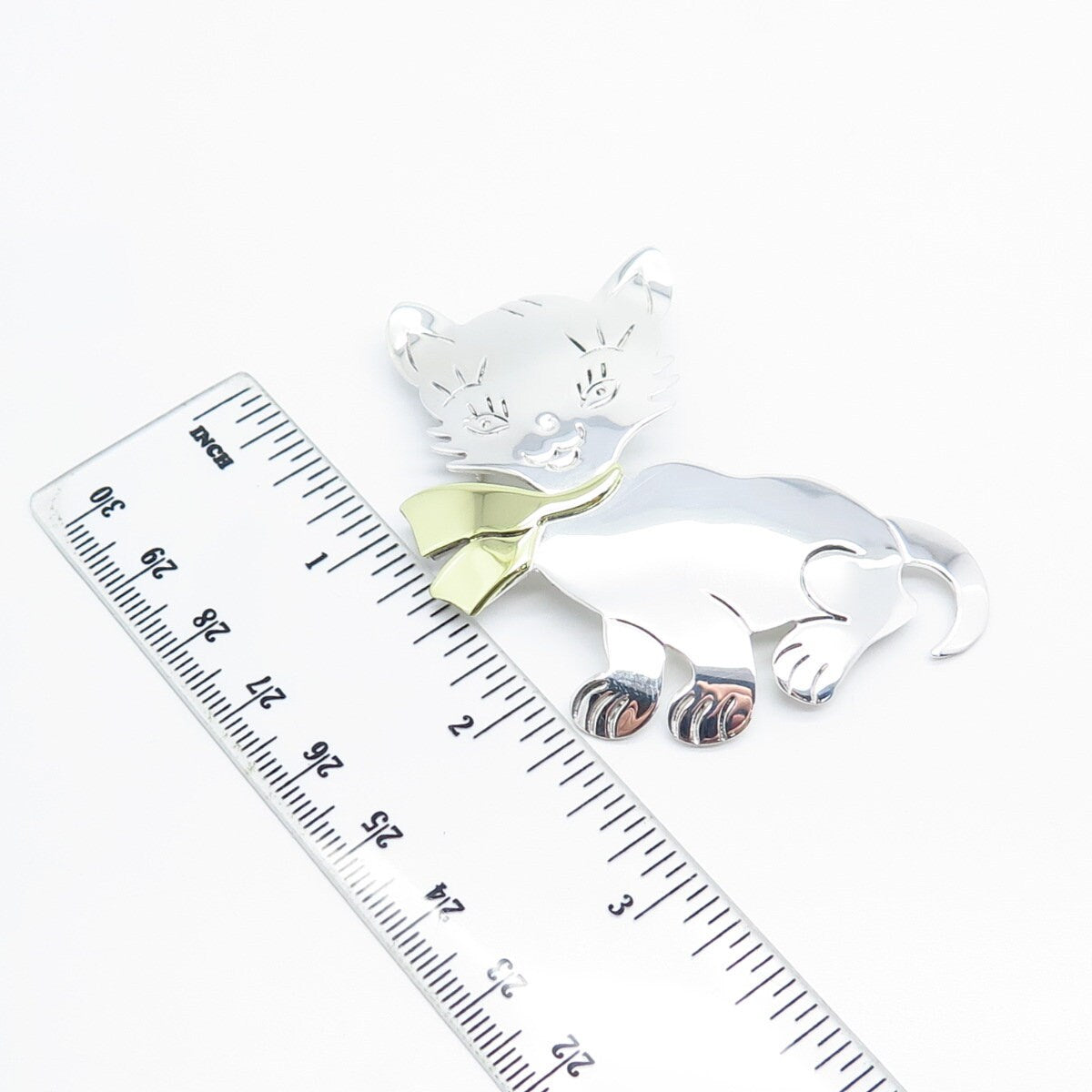 925 Sterling Silver 2-Tone Vintage Mexico Cat / Kitty Pin Brooch