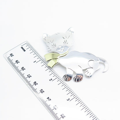 925 Sterling Silver 2-Tone Vintage Mexico Cat / Kitty Pin Brooch