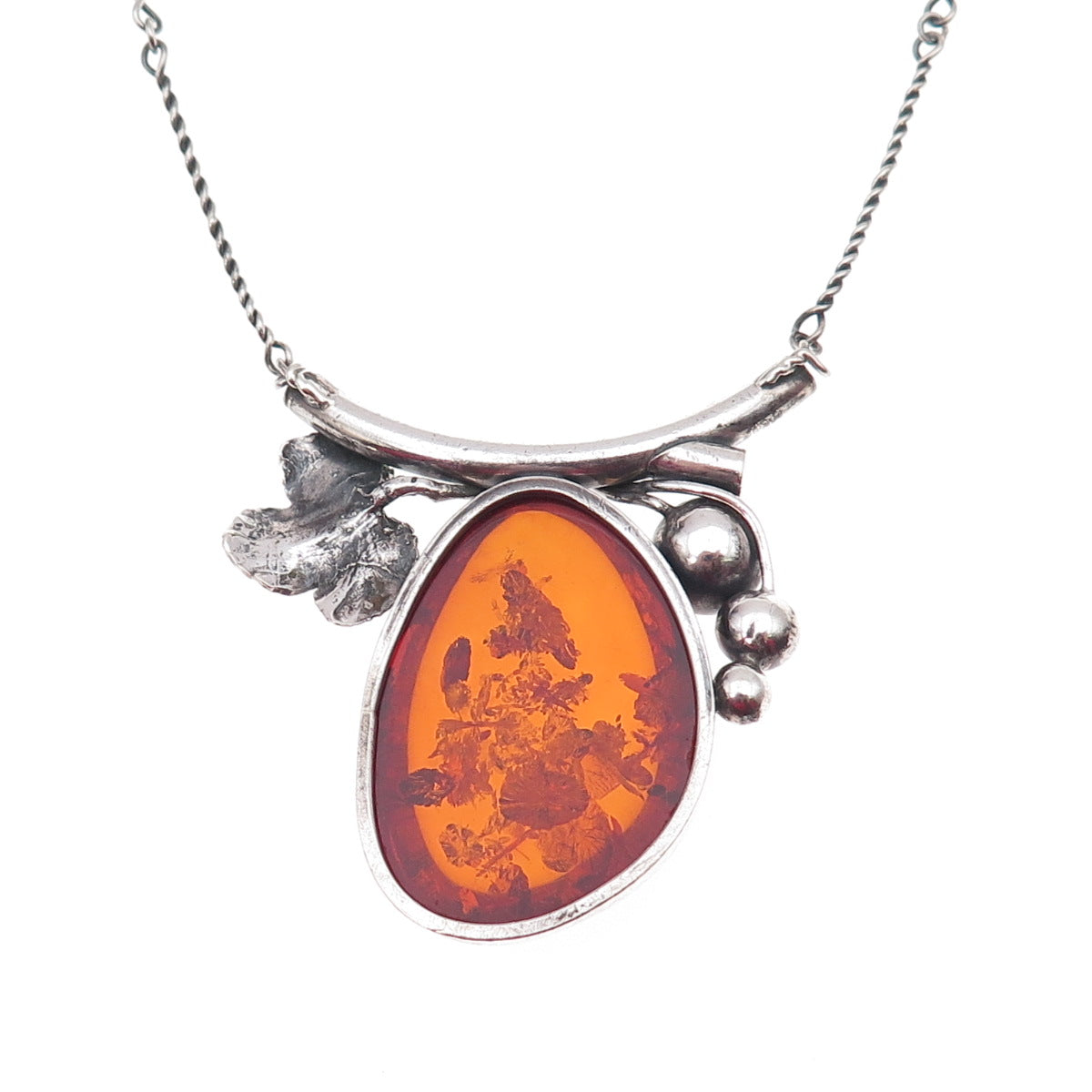 925 Sterling Silver Vintage Real Amber Modernist Floral Bar Chain Necklace 24"
