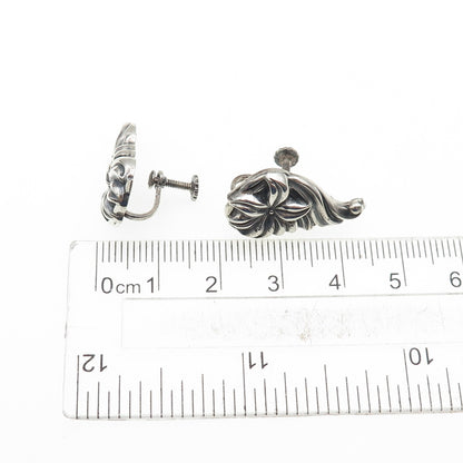 925 Sterling Antique Art Deco Lily Flower Repousse Oxidized Screw Back Earrings