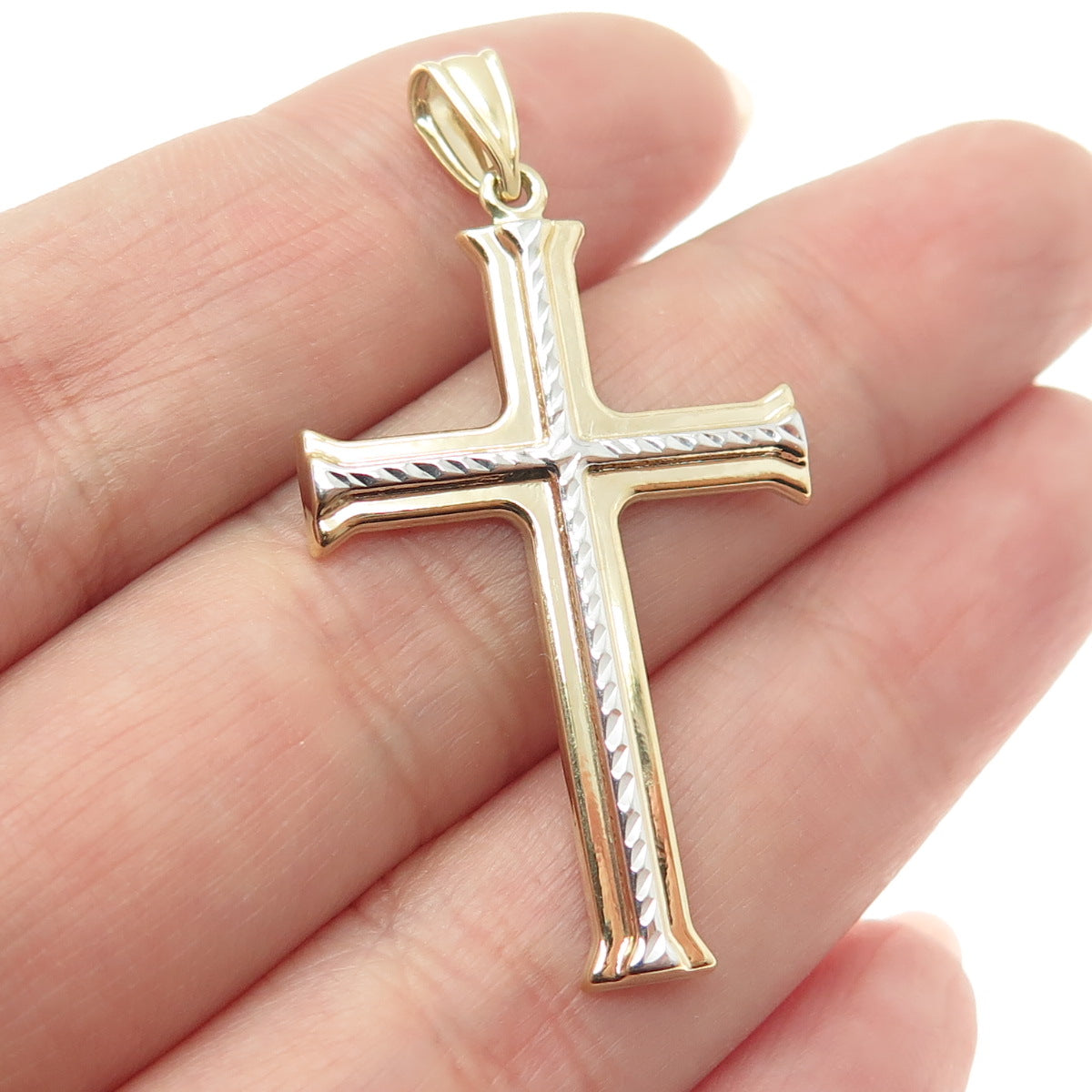 14K Yellow & White Gold Diamond-Cut Cross Religious Charm Pendant