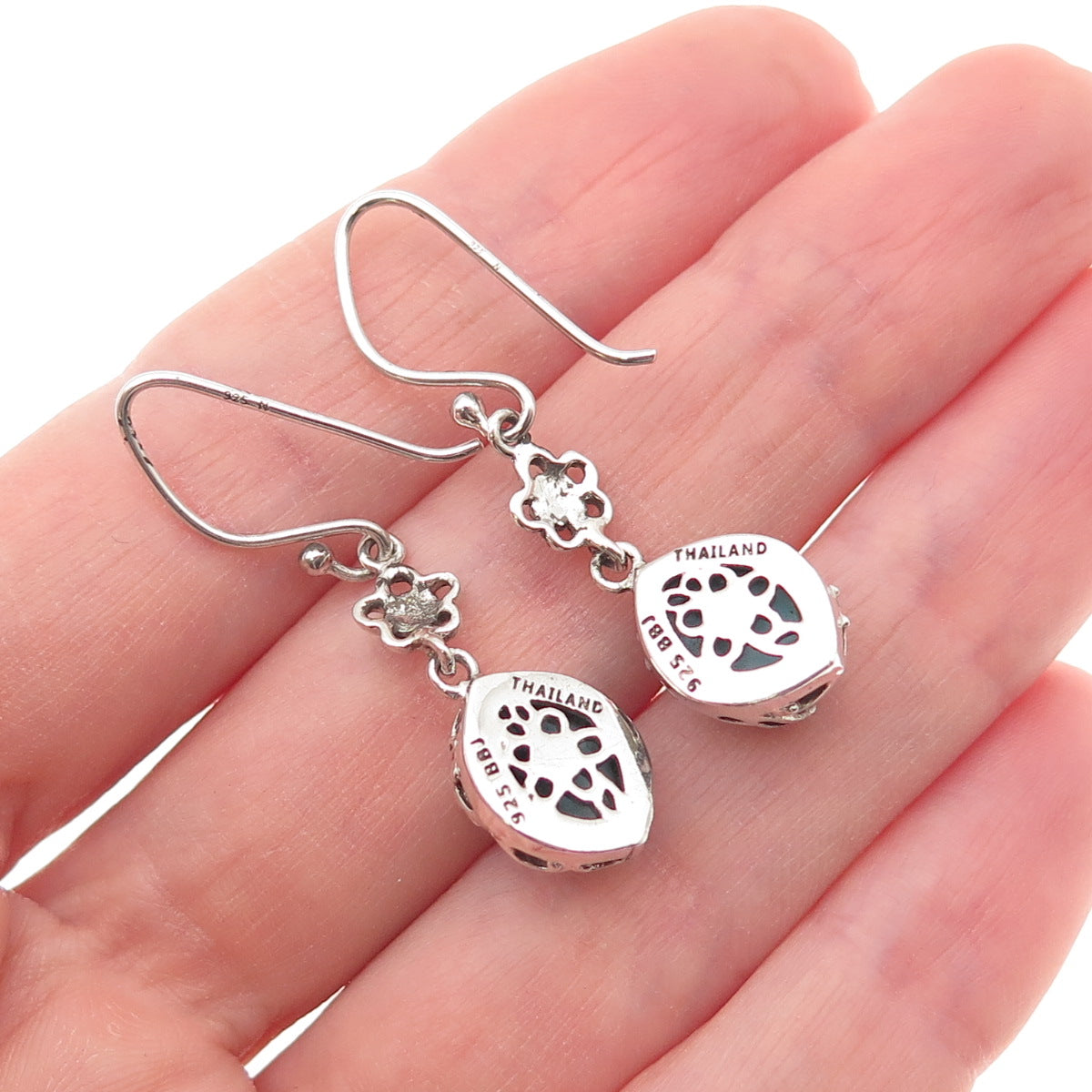 925 Sterling Silver Vintage Real Larimar Floral Dangle Earrings