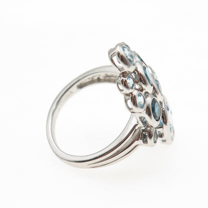 925 Sterling Silver Real London & Swiss Blue Topaz Cluster Ring Size 6